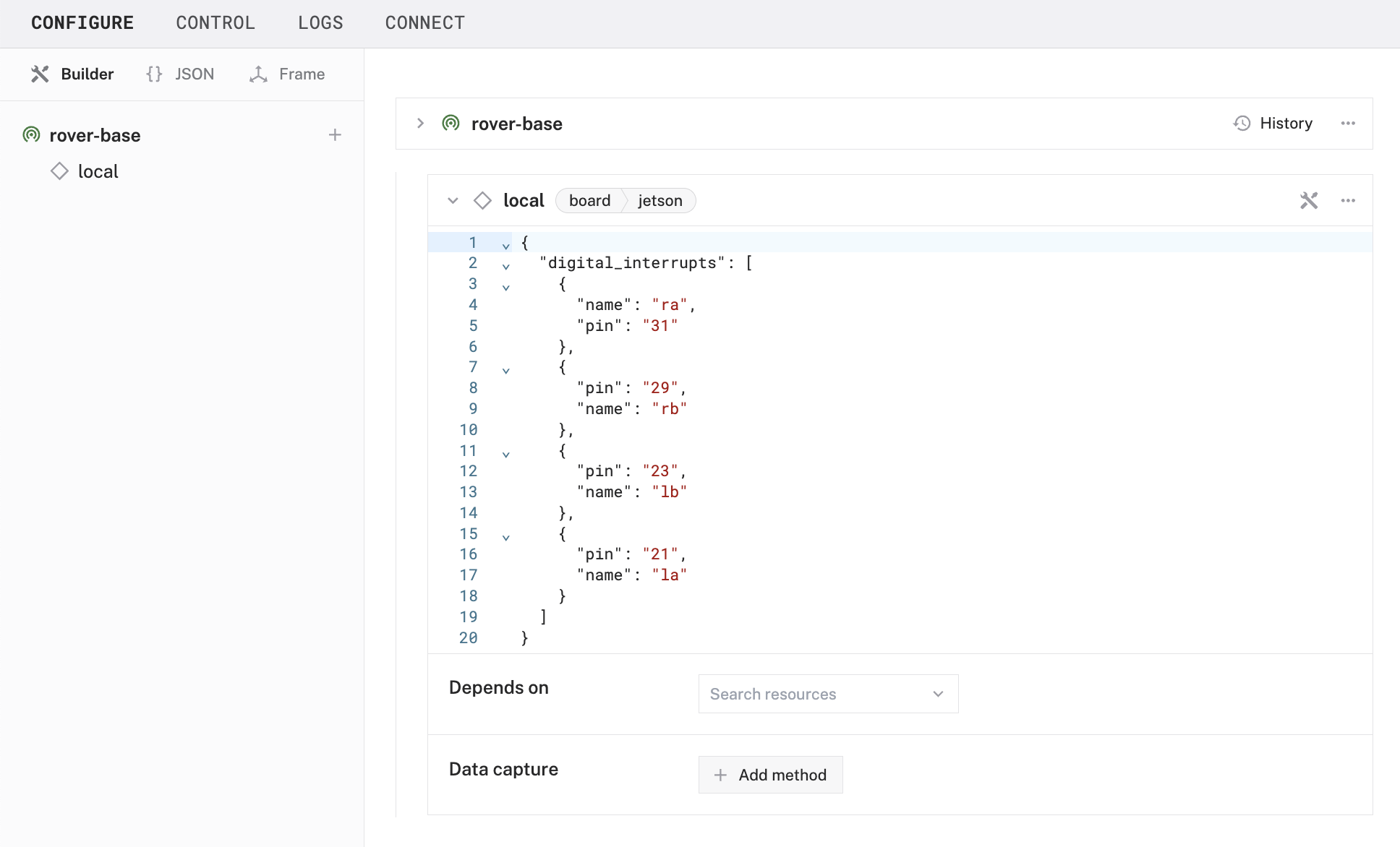 Configuration of a jetson board with digital interrupts.